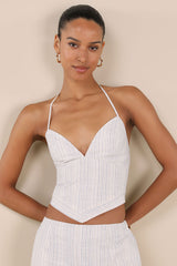Anahita Cream and Blue Striped Halter Top