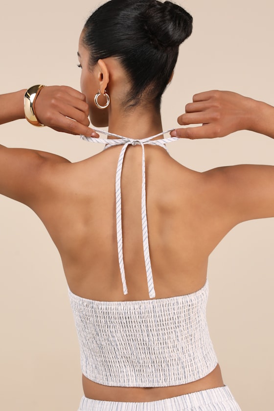 Anahita Cream and Blue Striped Halter Top