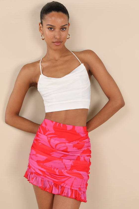 Mideia Pink Floral Mesh Ruched Ruffled Mini Skirt