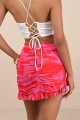 Mideia Pink Floral Mesh Ruched Ruffled Mini Skirt
