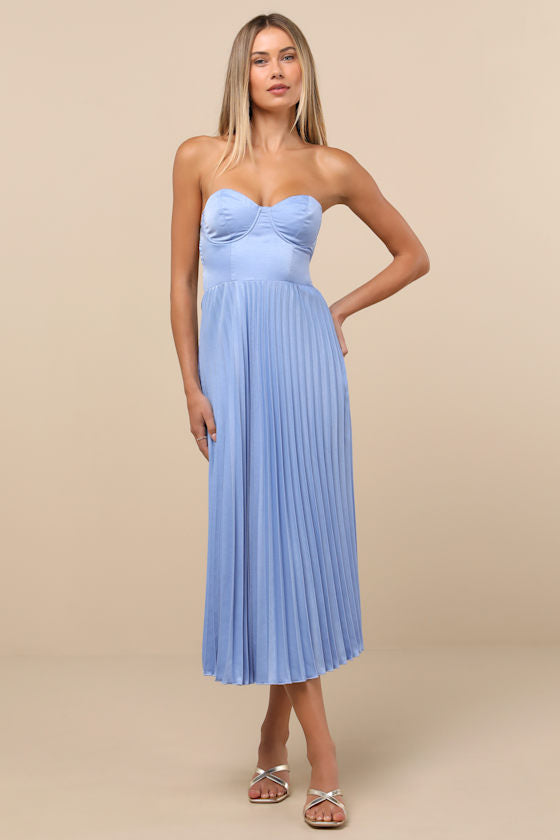 Irelyn Dusty Blue Satin Bustier Midi Dress