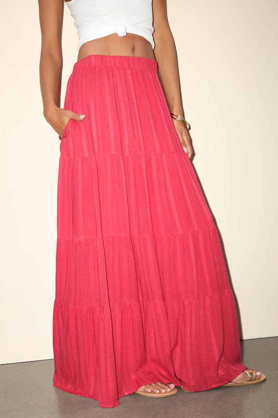 Sunset by the Sea Coral Red Embroidered Tiered Maxi Skirt