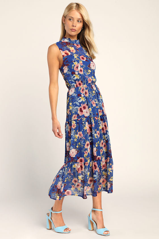 In My Dreams Blue Floral Print Midi Dress