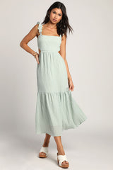 Dreamiest Darling Mint Smocked Tie-Back Tiered Midi Dress