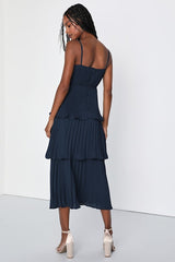 Cascading Crush Navy Blue Tiered Bustier Midi Dress