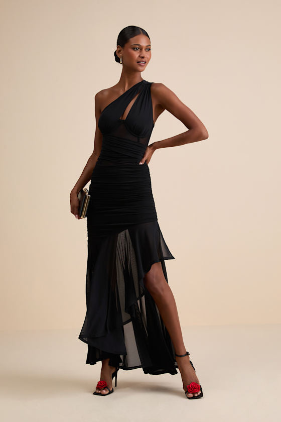 Marcellina Black Mesh Ruched One-Shoulder Maxi Dress