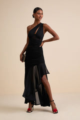 Marcellina Black Mesh Ruched One-Shoulder Maxi Dress