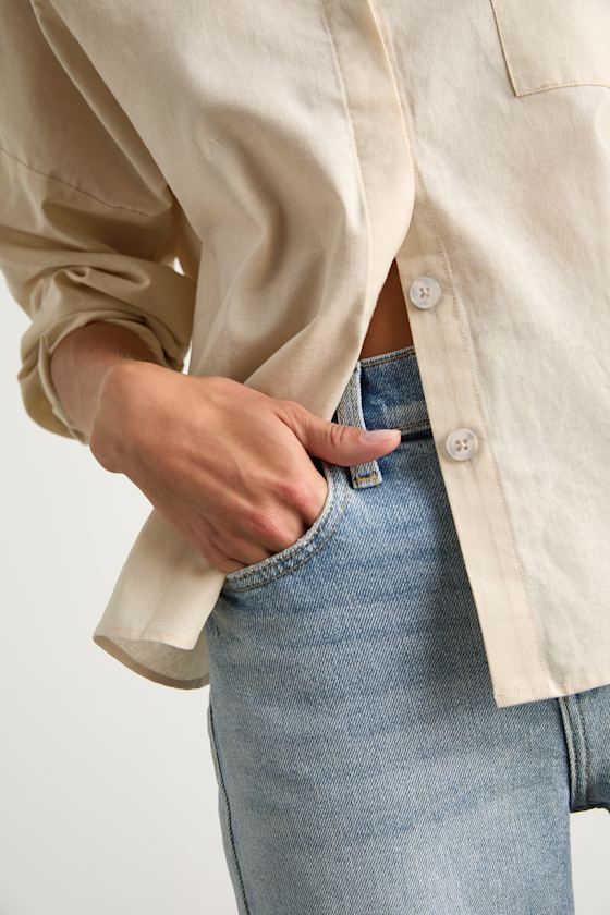 Amelia Dawn Beige Long Sleeve Button-Up Top