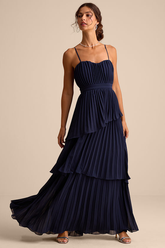 Jehona Navy Blue Pleated Tiered Maxi Dress