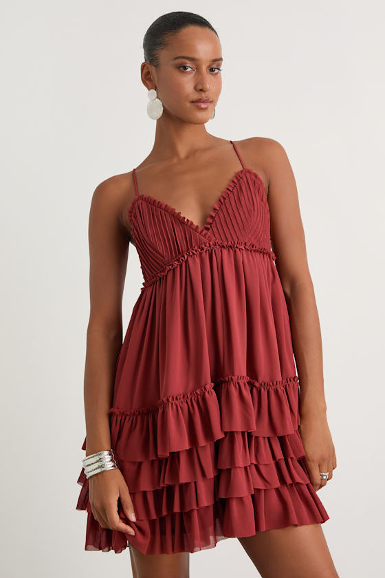 Asuka Rust Ruffled Tiered Mini Dress
