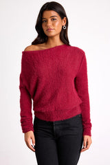 Care For You Berry Red Eyelash Knit Cowl Neck Reversible Sweater