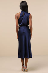 Distinctive Charm Navy Satin Asymmetrical Midi Dress
