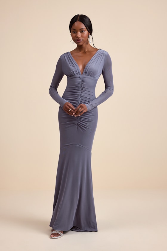 Georgina Slate Blue Jersey Knit Ruched Mermaid Maxi Dress