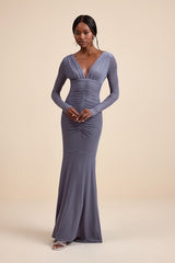 Georgina Slate Blue Jersey Knit Ruched Mermaid Maxi Dress