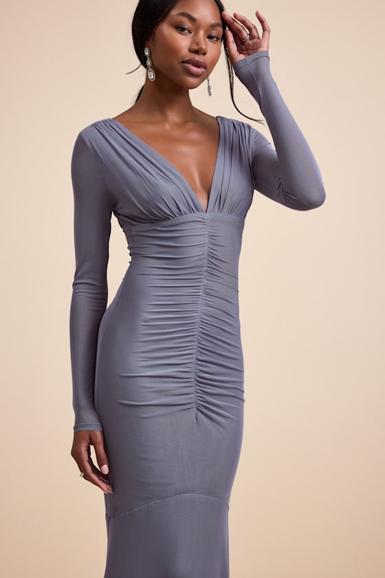Georgina Slate Blue Jersey Knit Ruched Mermaid Maxi Dress