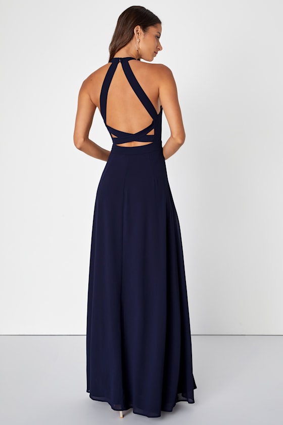 Confidently Charismatic Navy Blue Backless Halter Maxi Dress