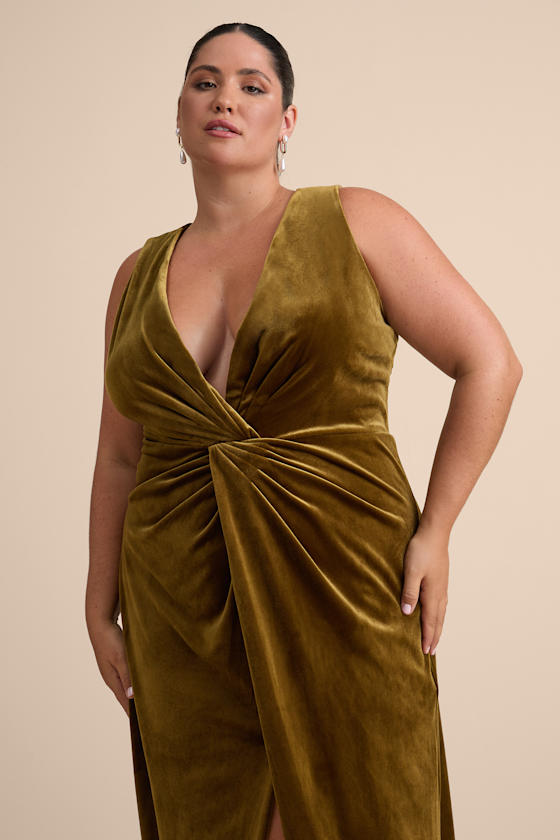 Beautiful Evenings Olive Green Velvet Twist-Front Maxi Dress