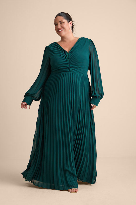 Sophisticated Grace Emerald Green Pleated Long Sleeve Maxi Dress