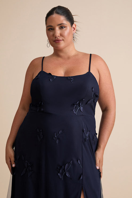 Abundant Charm Navy Blue 3D Floral Applique Maxi Dress