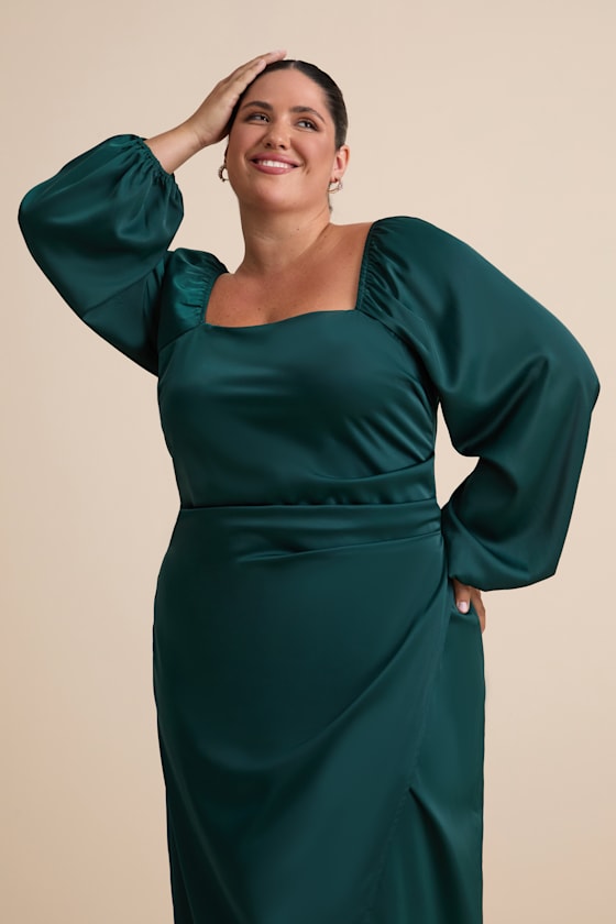 Eternal Heart Emerald Green Satin Long Sleeve Maxi Dress