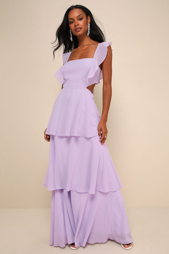 Elegant Event Lavender Ruffled Tie-Back Tiered Maxi Dress