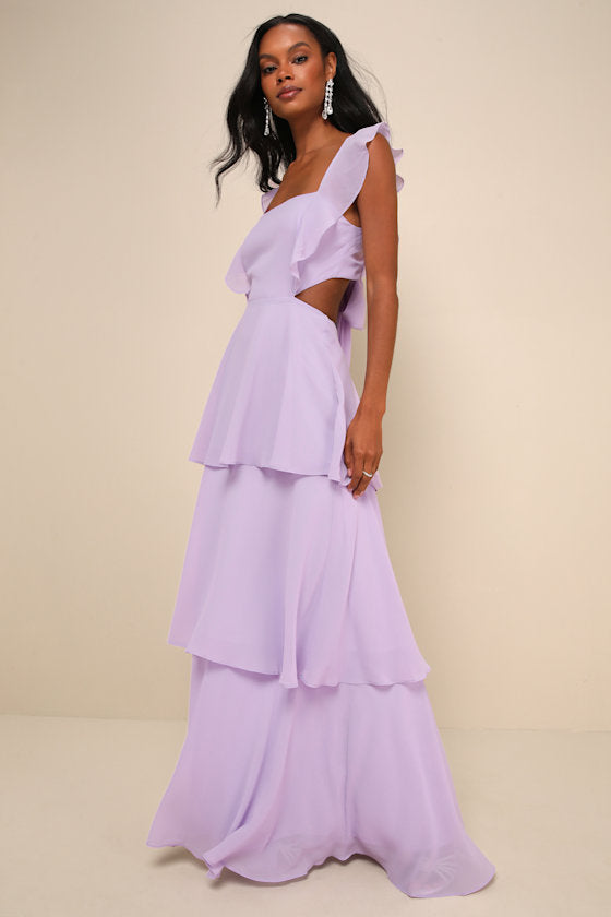Elegant Event Lavender Ruffled Tie-Back Tiered Maxi Dress