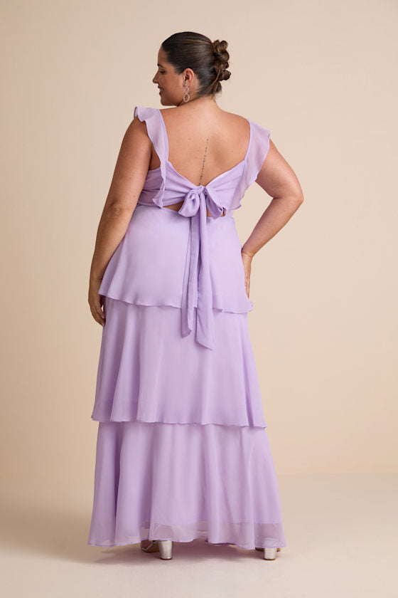 Elegant Event Lavender Ruffled Tie-Back Tiered Maxi Dress