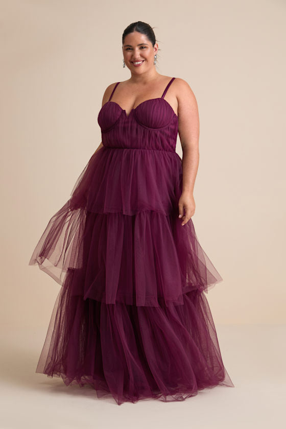 Unforgettable Poise Plum Purple Tulle Bustier Tiered Maxi Dress