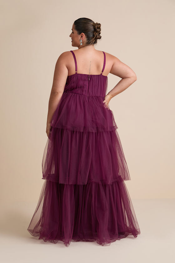 Unforgettable Poise Plum Purple Tulle Bustier Tiered Maxi Dress