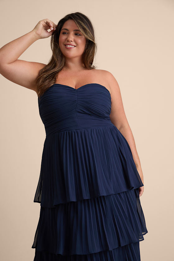 Seriously Sensational Navy Blue Strapless Tiered Maxi Dress