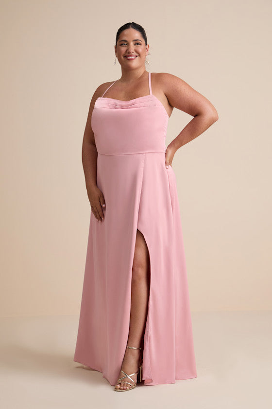 So Loving Pink Satin Pleated Lace-Up Backless Maxi Dress