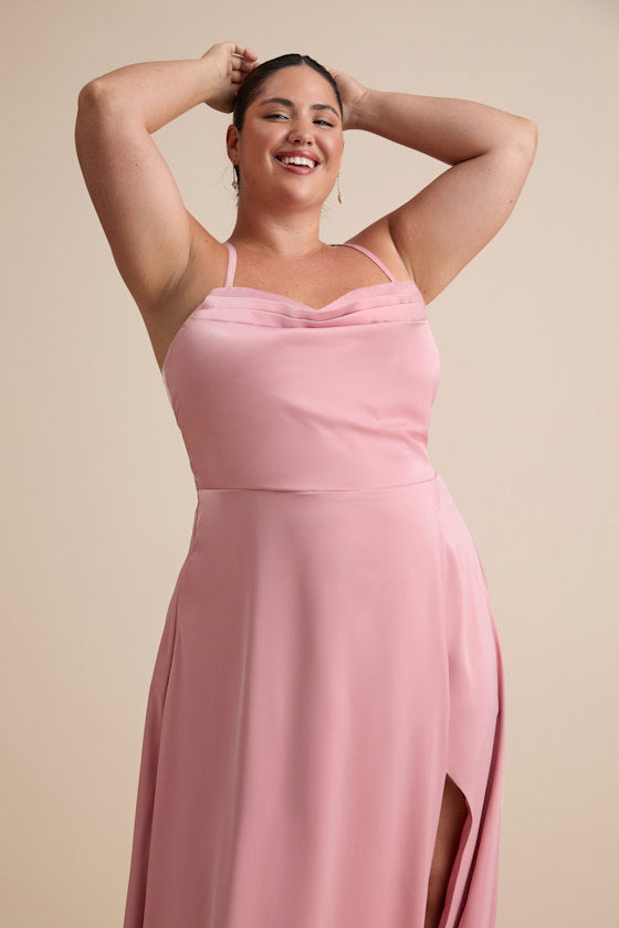 So Loving Pink Satin Pleated Lace-Up Backless Maxi Dress
