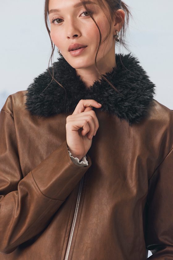 Valencia Brown Vegan Leather Faux Fur Jacket
