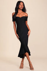 How Much I Care Black Off-the-Shoulder Midi Dress