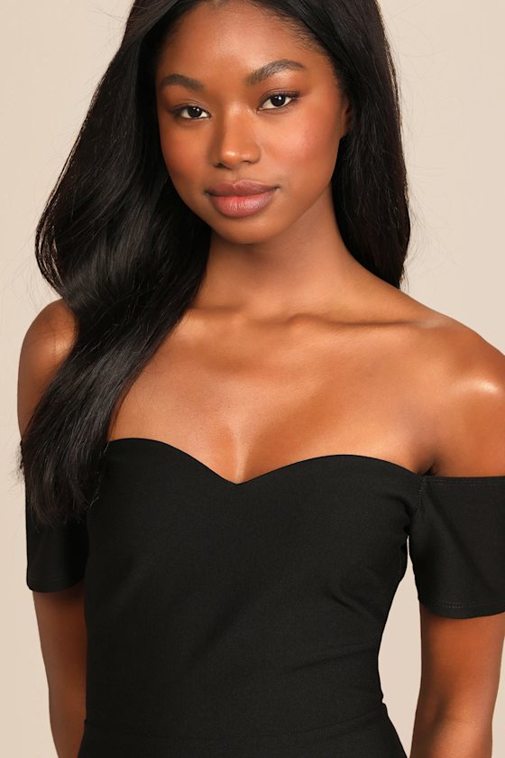 How Much I Care Black Off-the-Shoulder Midi Dress
