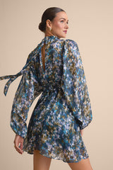 Andie Blue Multi Abstract Floral Mock Neck Mini Dress