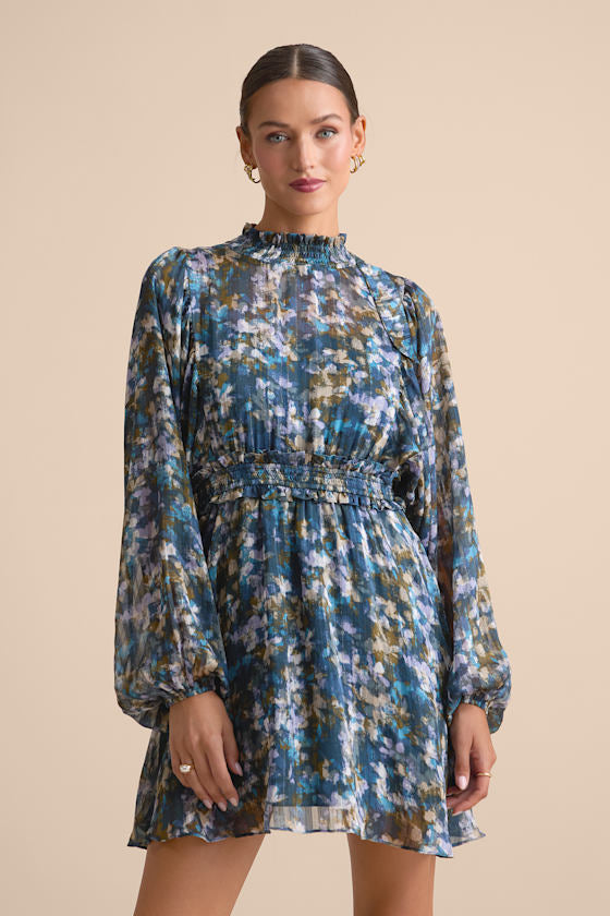 Andie Blue Multi Abstract Floral Mock Neck Mini Dress