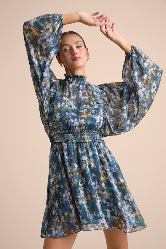 Andie Blue Multi Abstract Floral Mock Neck Mini Dress