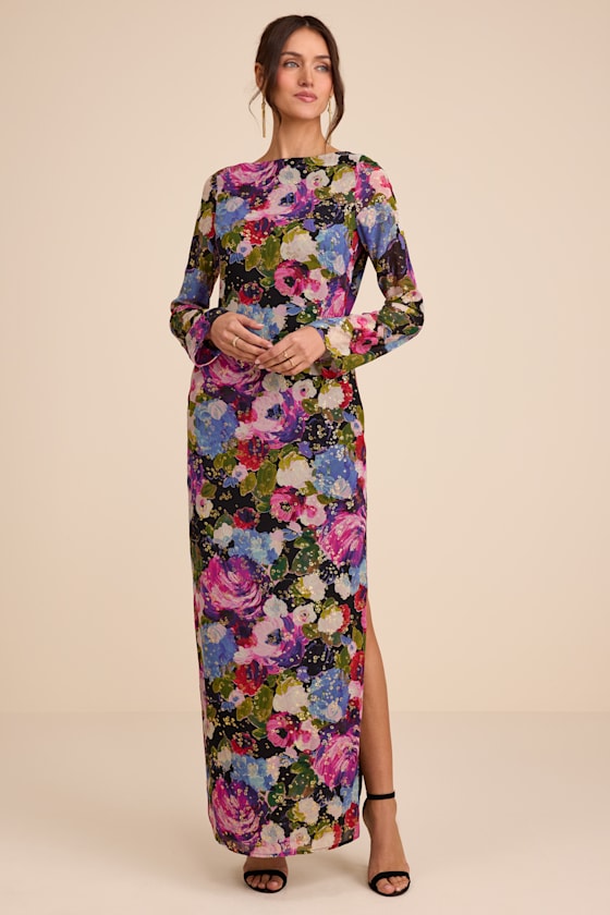 Merrit Black Multi Cowl Back Long Sleeve Maxi Dress