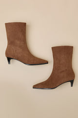 Carla Mocha Mousse Suede Kitten Heel Mid-Calf Booties