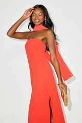Rawya Red Orange Strapless Maxi Dress and Scarf Set