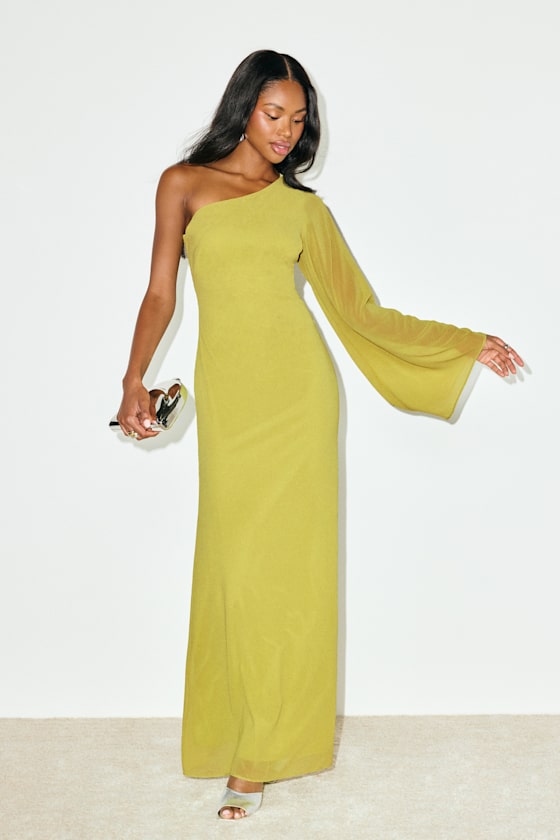 Elizabeth Lime Green One-Shoulder Bell Sleeve Maxi Dress