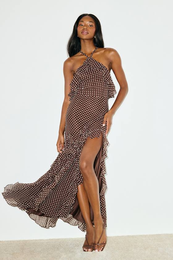 Casey Brown Polka Dot Halter Ruffled Maxi Dress