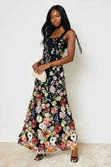 Thriving Poise Black 3D Floral Embroidered Tie-Strap Maxi Dress