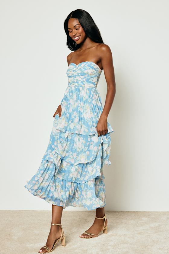 Seriously Sensational Blue Floral Strapless Tiered Maxi Dress