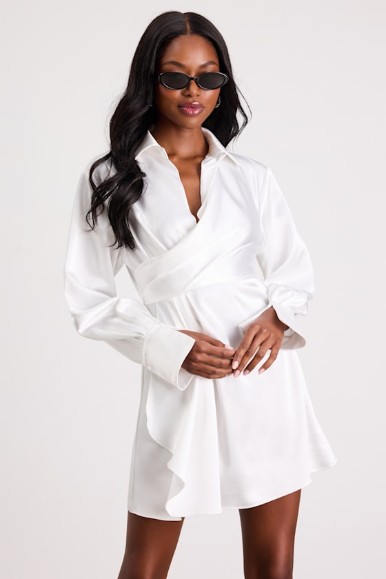 Rumaria White Satin Faux-Wrap Mini Dress