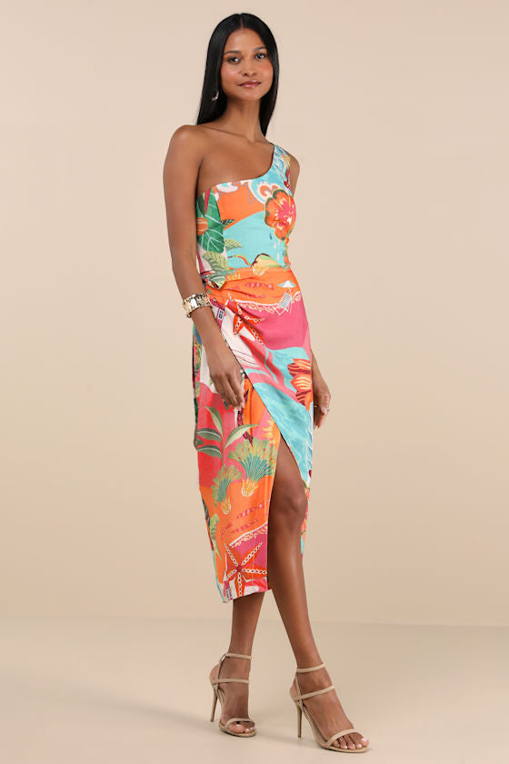 Hilinai Blue Multi Tropical Print Wrap Midi Dress