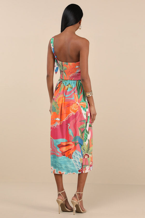 Hilinai Blue Multi Tropical Print Wrap Midi Dress