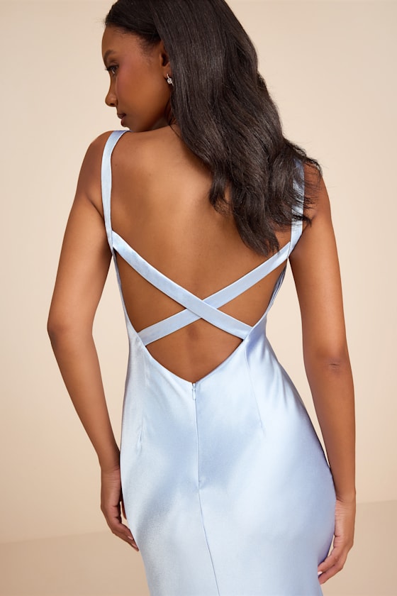 Perfectly Classy Light Blue Satin Strappy Maxi Dress