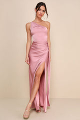 Signature Elegance Rose Satin One-Shoulder Maxi Dress